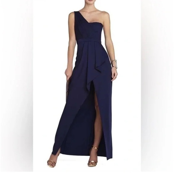 Bcbgmaxazria Kristine Navy Blue One Strap Pleated Maxi Tulip Hem Gown Dress 6